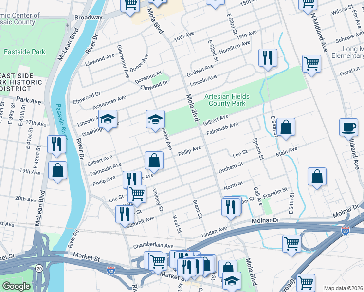 map of restaurants, bars, coffee shops, grocery stores, and more near 176 Falmouth Avenue in Elmwood Park