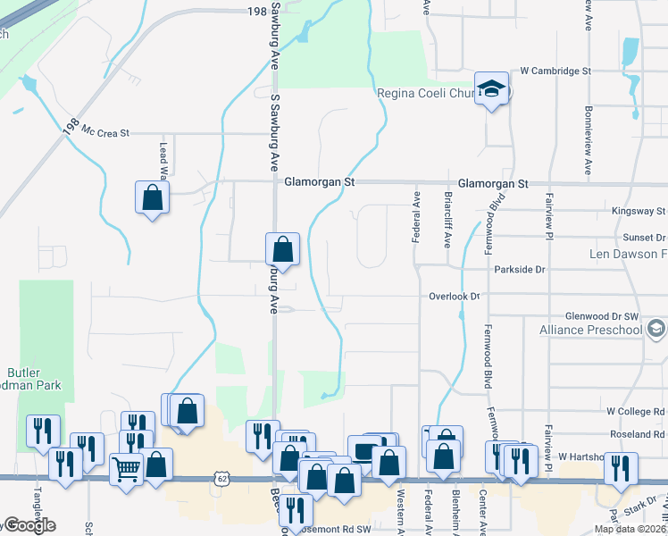 map of restaurants, bars, coffee shops, grocery stores, and more near 1210 Spring Ridge Circle in Alliance