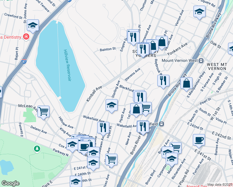 map of restaurants, bars, coffee shops, grocery stores, and more near 200 Sterling Avenue in Yonkers