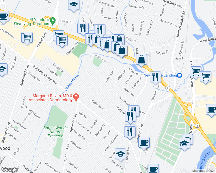 map of restaurants, bars, coffee shops, grocery stores, and more near 112 Willow Avenue in Hackensack
