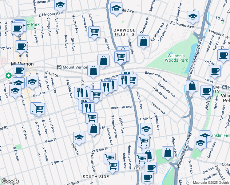 map of restaurants, bars, coffee shops, grocery stores, and more near 303 East 3rd Street in Mount Vernon