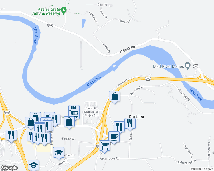 map of restaurants, bars, coffee shops, grocery stores, and more near 5065 Boyd Road in Arcata