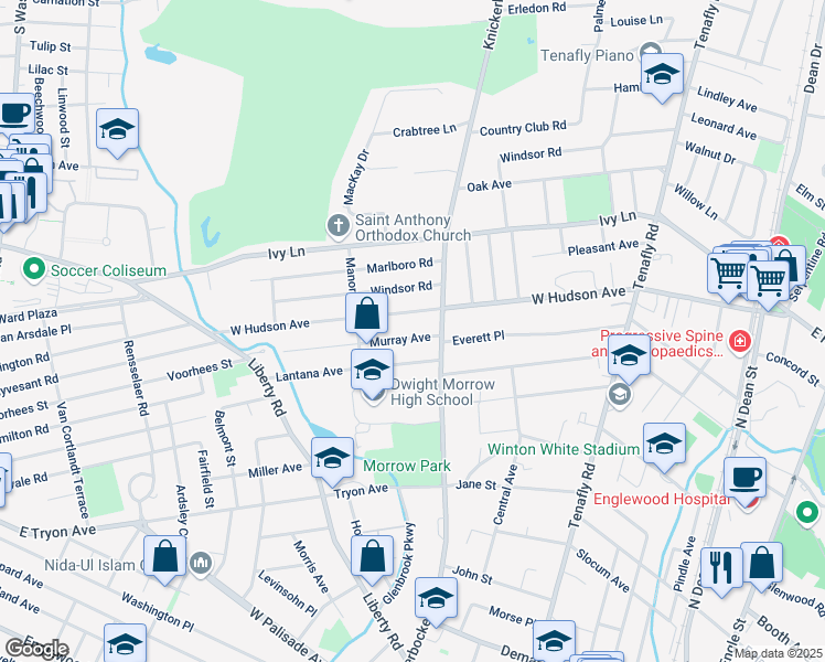 map of restaurants, bars, coffee shops, grocery stores, and more near 303 Murray Avenue in Englewood
