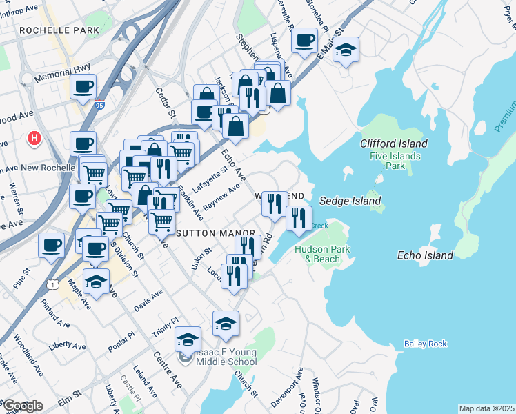 map of restaurants, bars, coffee shops, grocery stores, and more near 131 Echo Avenue in New Rochelle