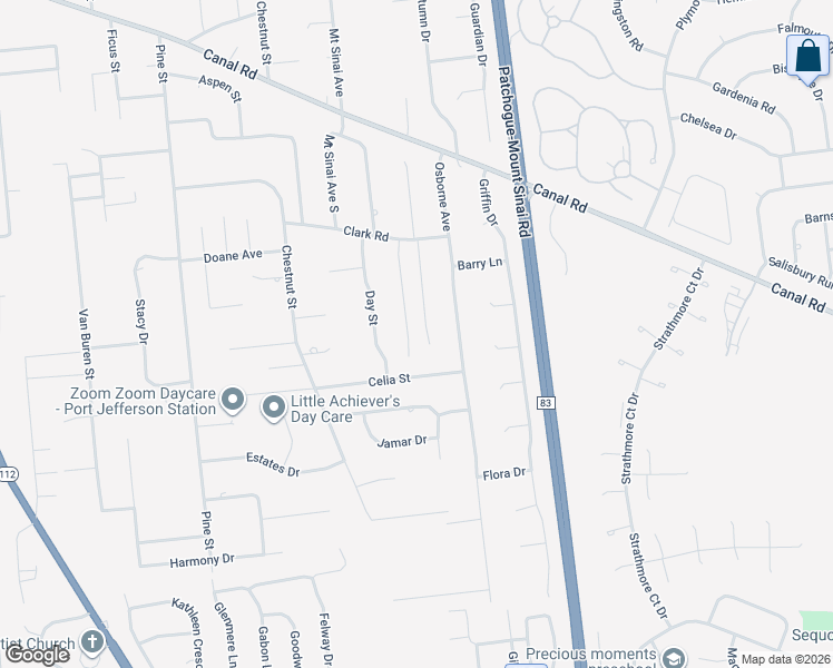 map of restaurants, bars, coffee shops, grocery stores, and more near 21 Mill Street in Port Jefferson Station
