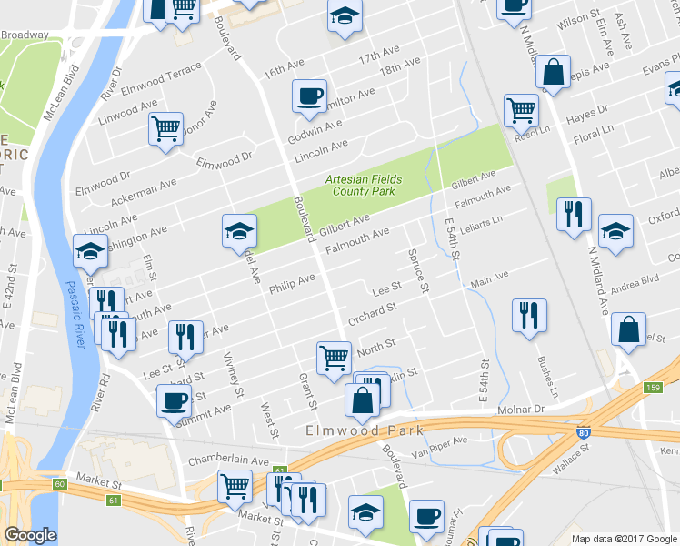 map of restaurants, bars, coffee shops, grocery stores, and more near 228 Philip Avenue in Elmwood Park