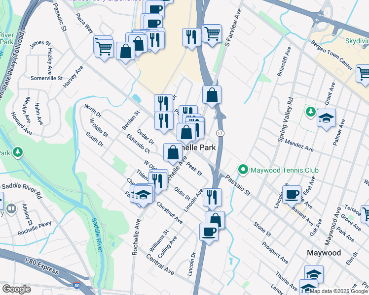 map of restaurants, bars, coffee shops, grocery stores, and more near 31 West Passaic Street in Rochelle Park