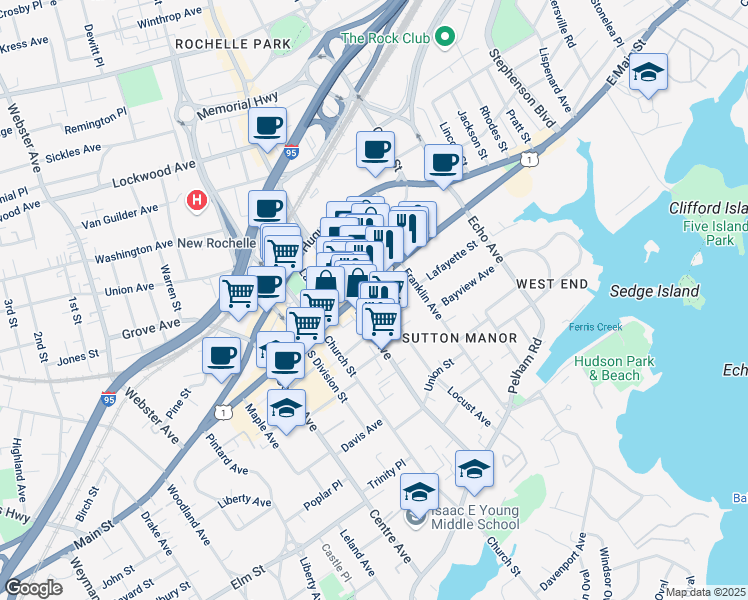 map of restaurants, bars, coffee shops, grocery stores, and more near 11 Locust Avenue in New Rochelle