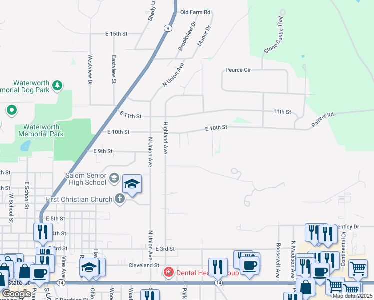 map of restaurants, bars, coffee shops, grocery stores, and more near 911 Shaker Court in Salem