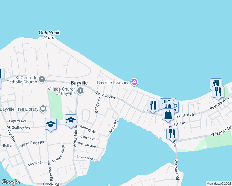 map of restaurants, bars, coffee shops, grocery stores, and more near 4 Sea Wall Lane in Bayville
