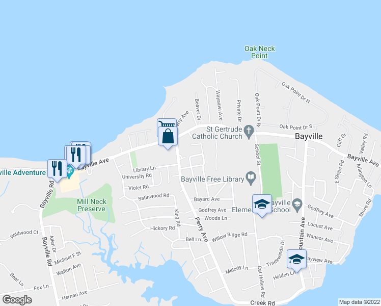 map of restaurants, bars, coffee shops, grocery stores, and more near 7 Vine Street in Bayville