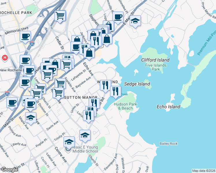 map of restaurants, bars, coffee shops, grocery stores, and more near 146 Sutton Manor Road in New Rochelle