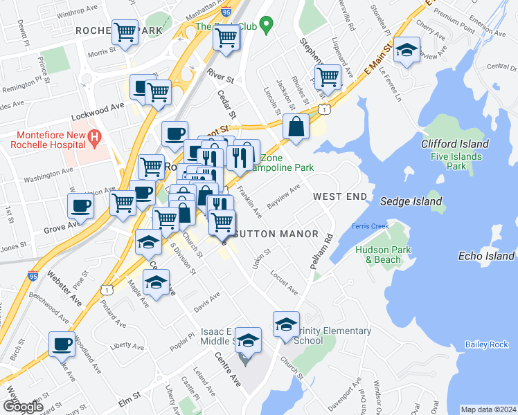 map of restaurants, bars, coffee shops, grocery stores, and more near 43 Franklin Avenue in New Rochelle