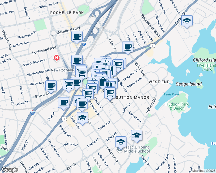 map of restaurants, bars, coffee shops, grocery stores, and more near 16 Locust Avenue in New Rochelle