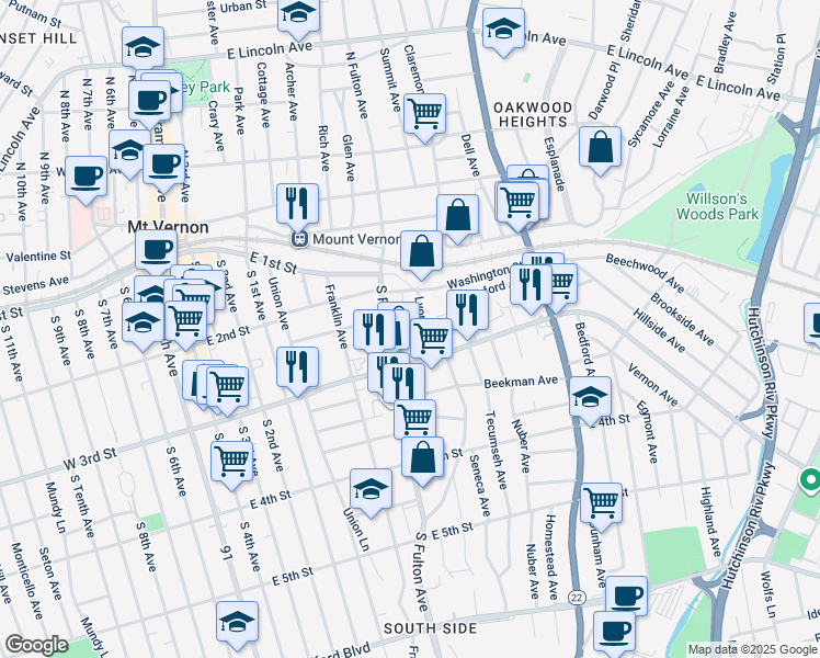 map of restaurants, bars, coffee shops, grocery stores, and more near 70 Lyons Place in Mount Vernon