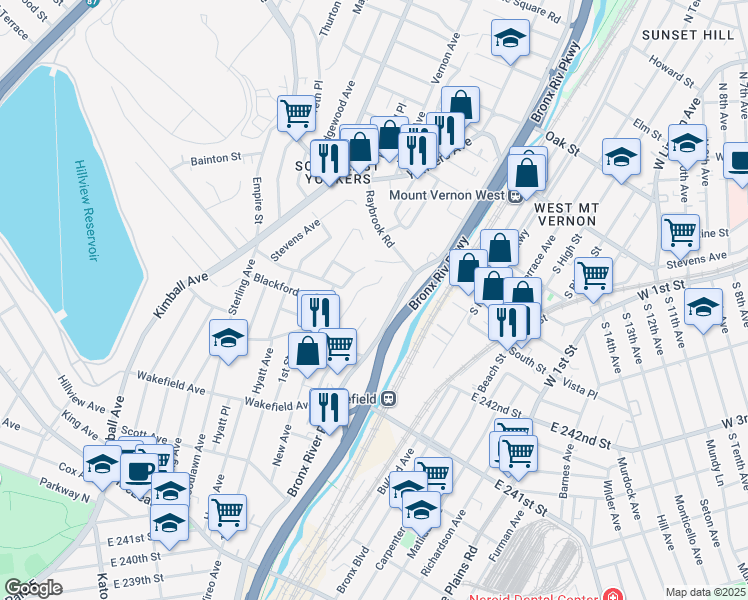 map of restaurants, bars, coffee shops, grocery stores, and more near 245 Bronx River Road in Yonkers