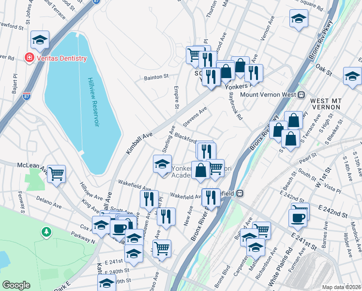 map of restaurants, bars, coffee shops, grocery stores, and more near 208 Hyatt Avenue in Yonkers