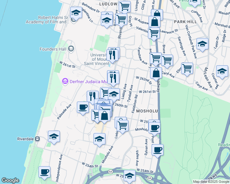 map of restaurants, bars, coffee shops, grocery stores, and more near in Bronx