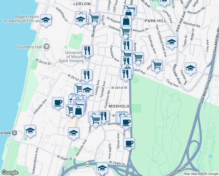 map of restaurants, bars, coffee shops, grocery stores, and more near Fieldston Road & West 261st Street in Bronx