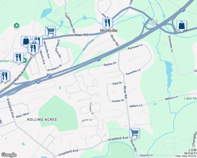 map of restaurants, bars, coffee shops, grocery stores, and more near 64 Louis Drive in Montville
