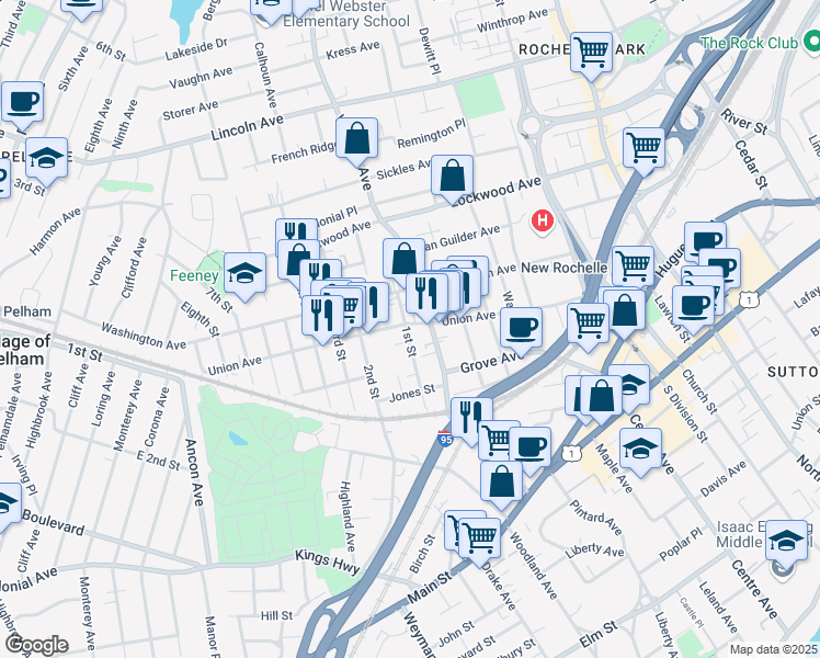 map of restaurants, bars, coffee shops, grocery stores, and more near 176 Union Avenue in New Rochelle