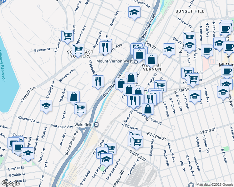 map of restaurants, bars, coffee shops, grocery stores, and more near 4612 Bradley Street in Bronx