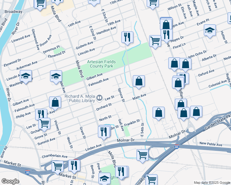 map of restaurants, bars, coffee shops, grocery stores, and more near 280 Miller Avenue in Elmwood Park