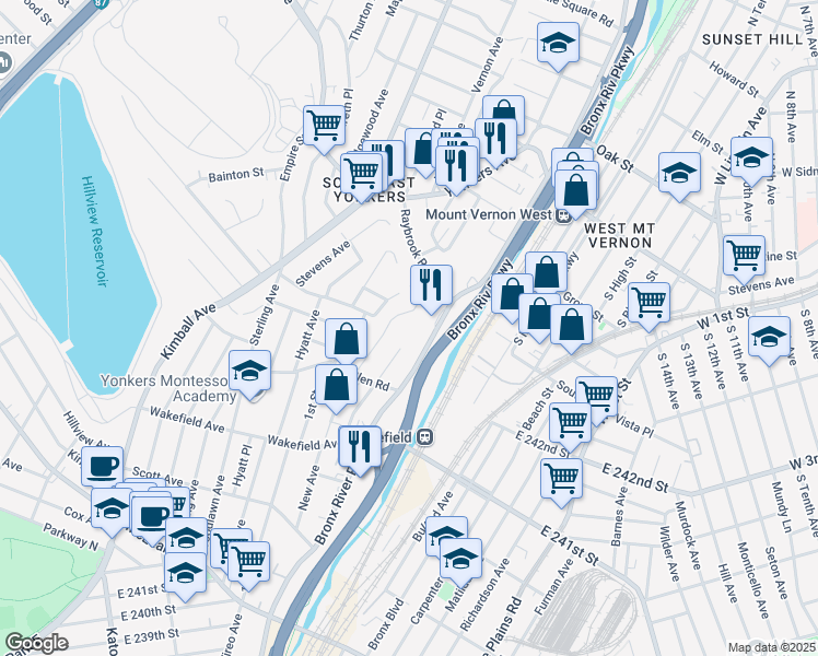 map of restaurants, bars, coffee shops, grocery stores, and more near 245 Bronx River Road in Yonkers