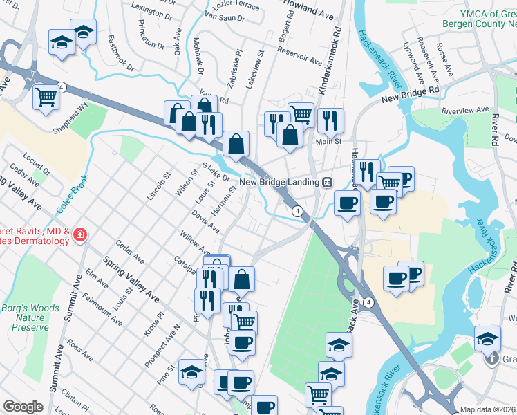 map of restaurants, bars, coffee shops, grocery stores, and more near 972 Main Street in Hackensack