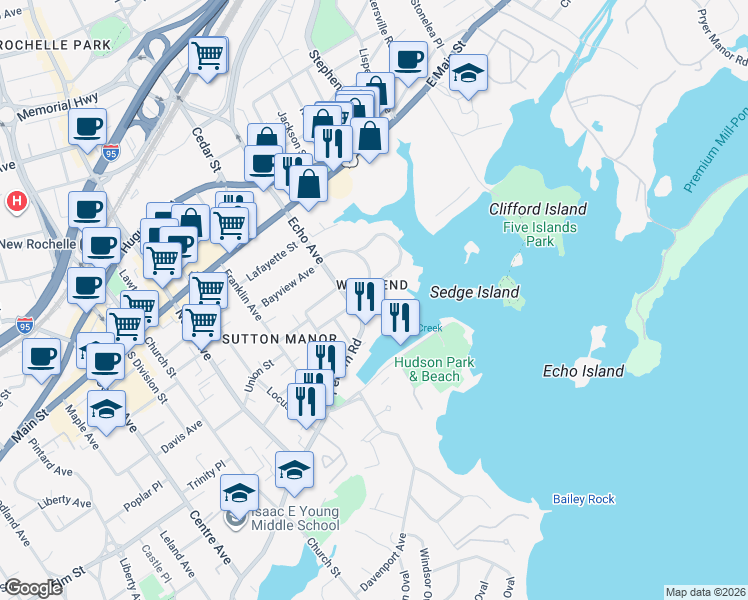 map of restaurants, bars, coffee shops, grocery stores, and more near 146 Sutton Manor Road in New Rochelle