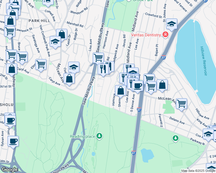 map of restaurants, bars, coffee shops, grocery stores, and more near 61 Sedgwick Avenue in Yonkers
