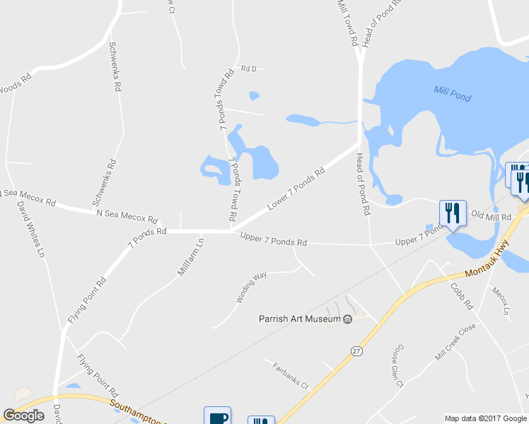 map of restaurants, bars, coffee shops, grocery stores, and more near 27 Lower 7 Ponds Road in Water Mill
