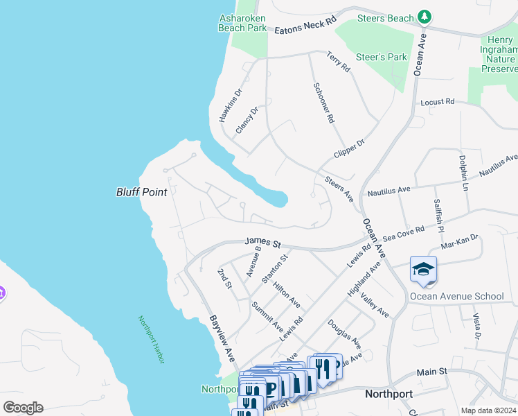 map of restaurants, bars, coffee shops, grocery stores, and more near 4 Lady Janes Way in Northport