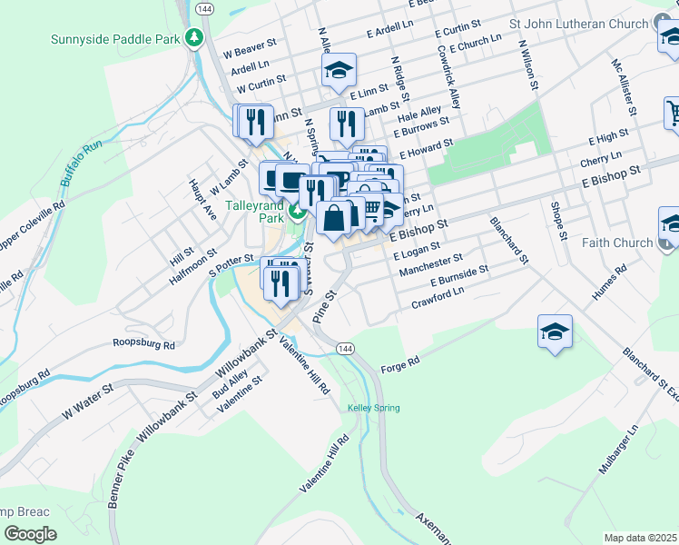 map of restaurants, bars, coffee shops, grocery stores, and more near Bishop Street in Bellefonte
