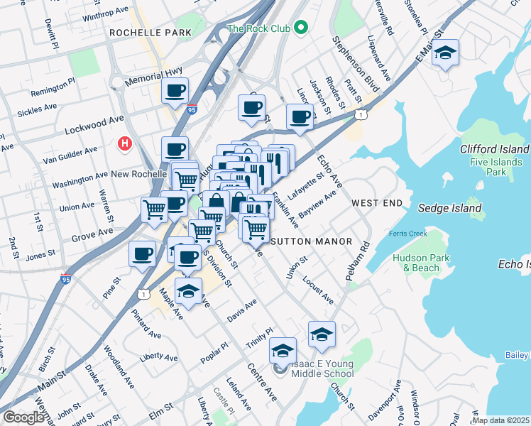 map of restaurants, bars, coffee shops, grocery stores, and more near 16 Locust Avenue in New Rochelle