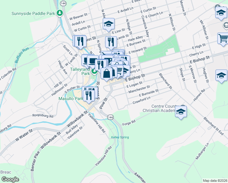 map of restaurants, bars, coffee shops, grocery stores, and more near 126 West Manchester Lane in Bellefonte