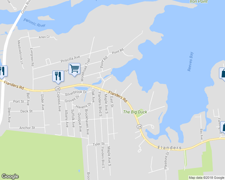 map of restaurants, bars, coffee shops, grocery stores, and more near 904 Flanders Road in Flanders