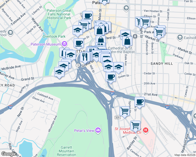 map of restaurants, bars, coffee shops, grocery stores, and more near 197 Mill Street in Paterson