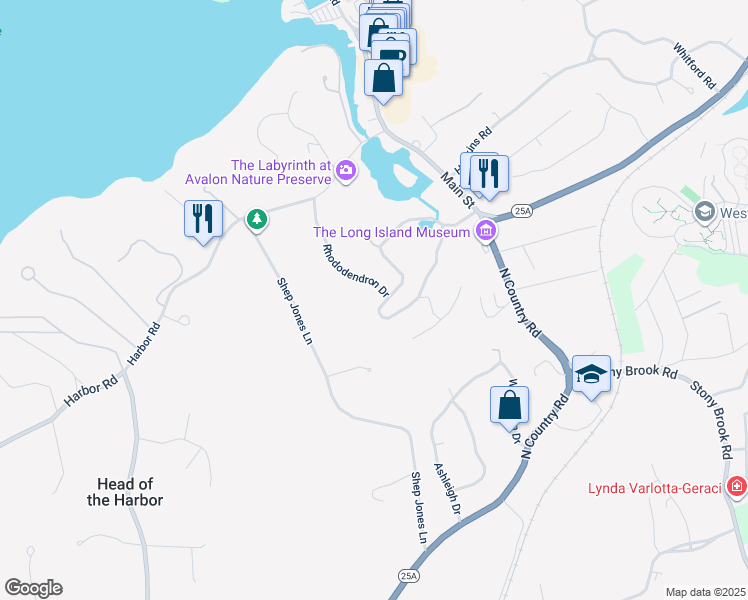 map of restaurants, bars, coffee shops, grocery stores, and more near 5 Rhododendron Drive in Stony Brook