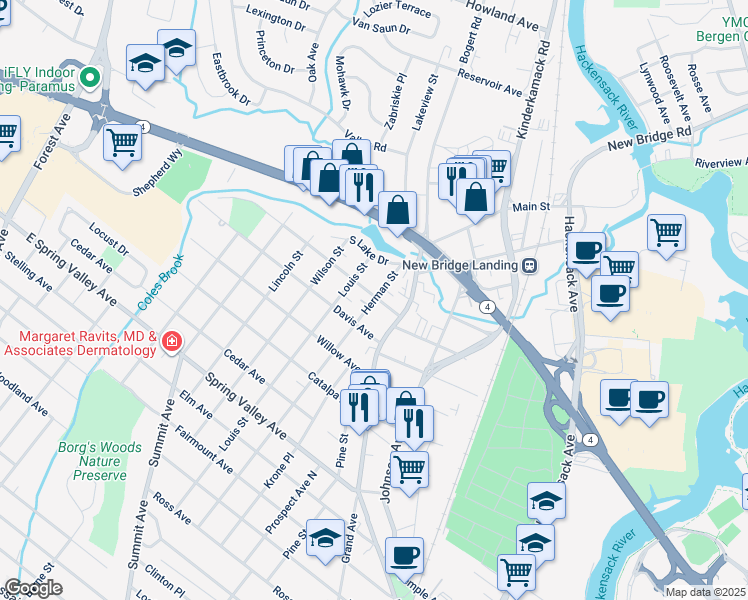 map of restaurants, bars, coffee shops, grocery stores, and more near 270 Herman St in Hackensack