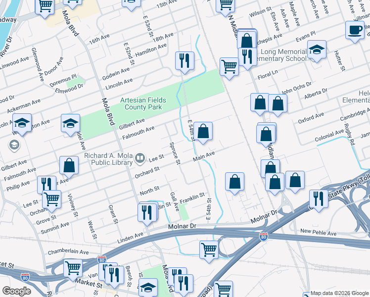 map of restaurants, bars, coffee shops, grocery stores, and more near 5 Sabo Court in Elmwood Park