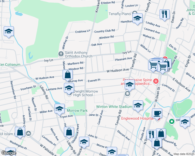 map of restaurants, bars, coffee shops, grocery stores, and more near 235 Everett Place in Englewood