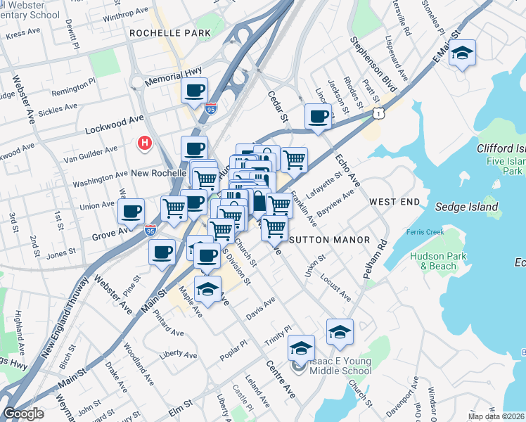 map of restaurants, bars, coffee shops, grocery stores, and more near 456 Main Street in New Rochelle