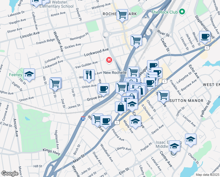 map of restaurants, bars, coffee shops, grocery stores, and more near 9 Odell Place in New Rochelle