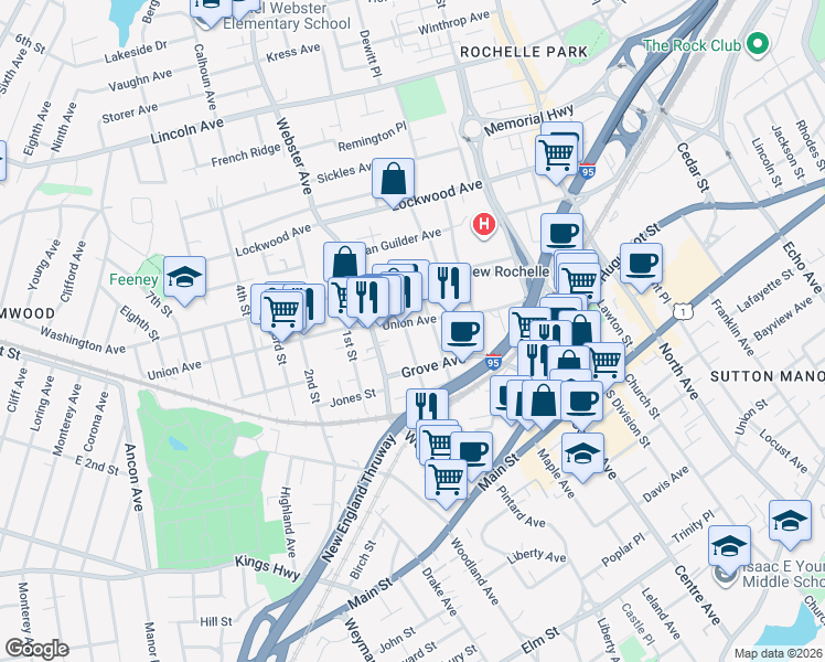 map of restaurants, bars, coffee shops, grocery stores, and more near 114 Union Avenue in New Rochelle