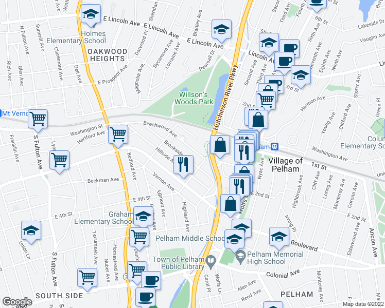map of restaurants, bars, coffee shops, grocery stores, and more near 22 Farrell Avenue in Mount Vernon