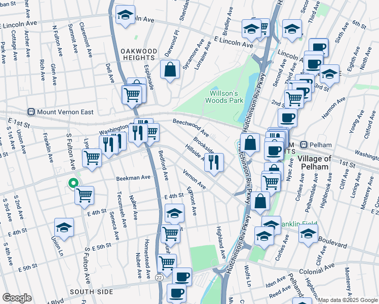 map of restaurants, bars, coffee shops, grocery stores, and more near 138 Hillside Avenue in Mount Vernon