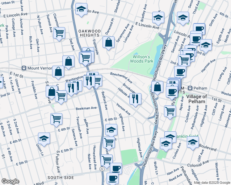 map of restaurants, bars, coffee shops, grocery stores, and more near in Mount Vernon