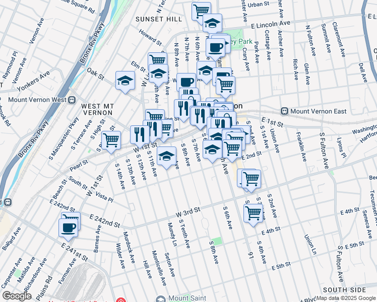 map of restaurants, bars, coffee shops, grocery stores, and more near 30 South 8th Avenue in Mount Vernon