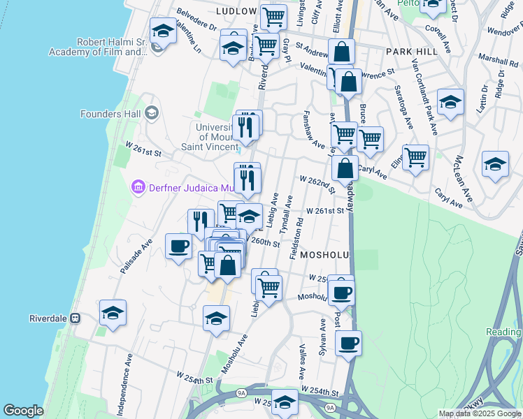 map of restaurants, bars, coffee shops, grocery stores, and more near in Bronx